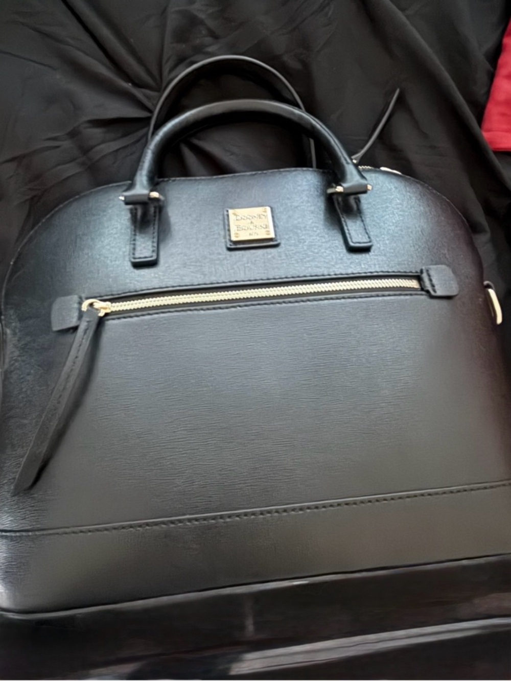 Michael Kors Black Dome Satchel with Front Zip and Gold Plate